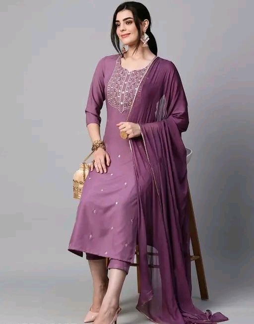 Women's Pink Reyon Slub Embroidered Straight Kurta With Trouser &amp; Dupatta