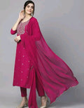 Women's Pink Reyon Slub Embroidered Straight Kurta With Trouser &amp; Dupatta
