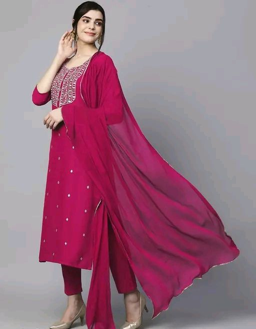 Women's Pink Reyon Slub Embroidered Straight Kurta With Trouser &amp; Dupatta