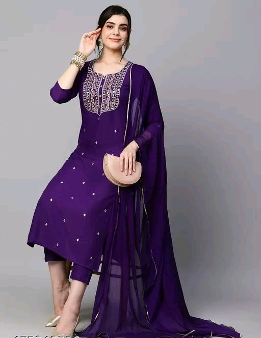 Women's Pink Reyon Slub Embroidered Straight Kurta With Trouser &amp; Dupatta