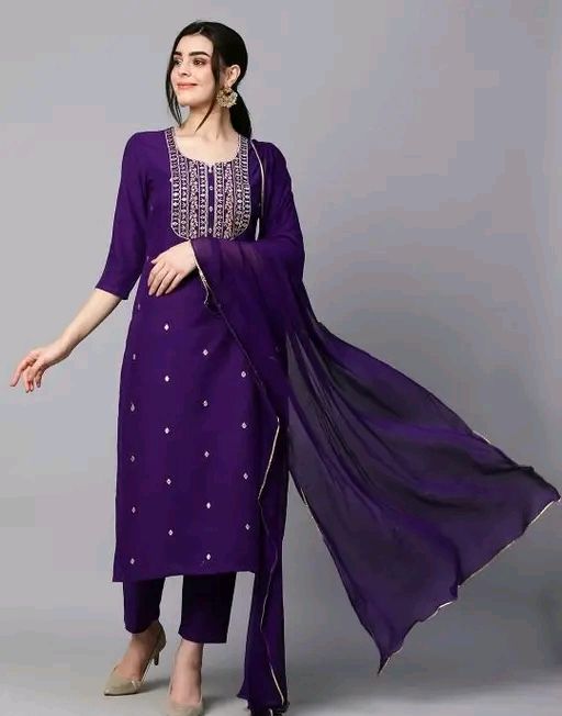 Women's Pink Reyon Slub Embroidered Straight Kurta With Trouser &amp; Dupatta
