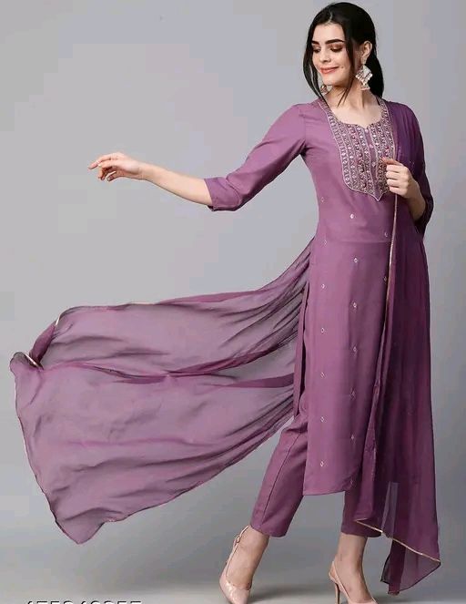 Women's Pink Reyon Slub Embroidered Straight Kurta With Trouser &amp; Dupatta