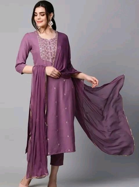 Women's Pink Reyon Slub Embroidered Straight Kurta With Trouser &amp; Dupatta