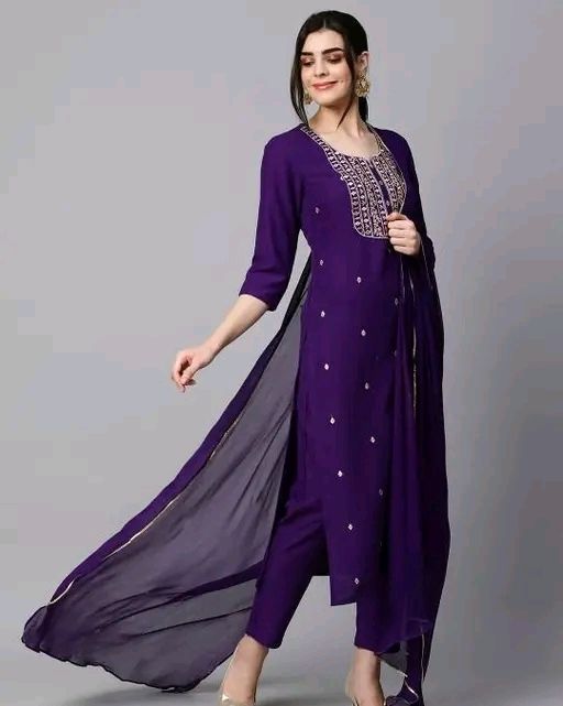 Women's Pink Reyon Slub Embroidered Straight Kurta With Trouser &amp; Dupatta