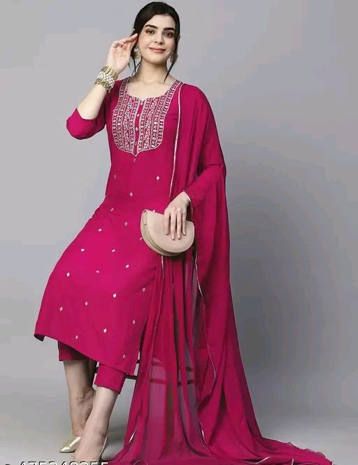 Women's Pink Reyon Slub Embroidered Straight Kurta With Trouser &amp; Dupatta
