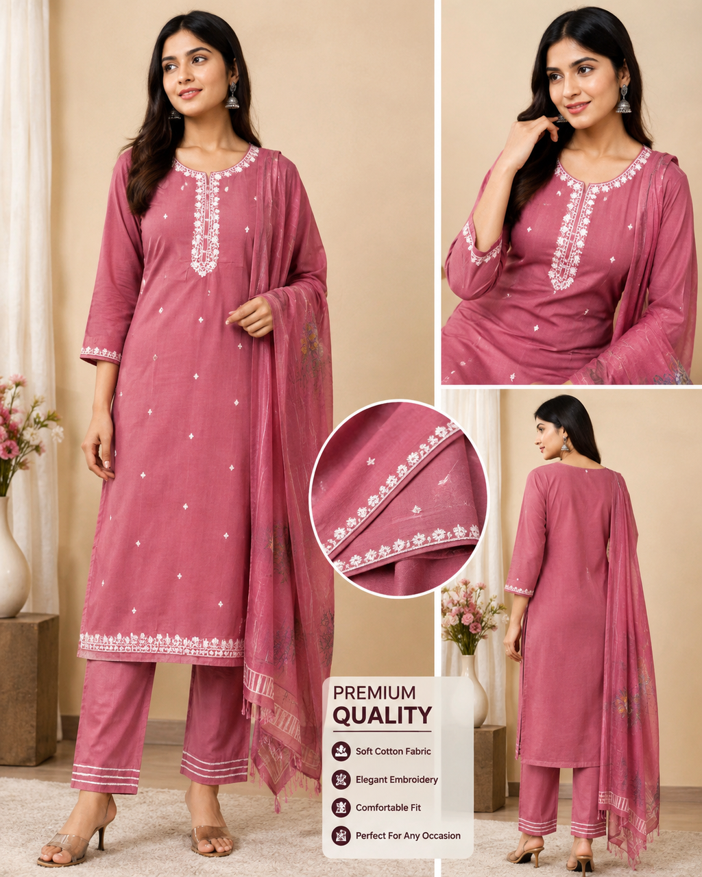 Women's Purple Embroidered Rayon Slub Kurta Set with Pants & Chanderi Cotton Dupatta