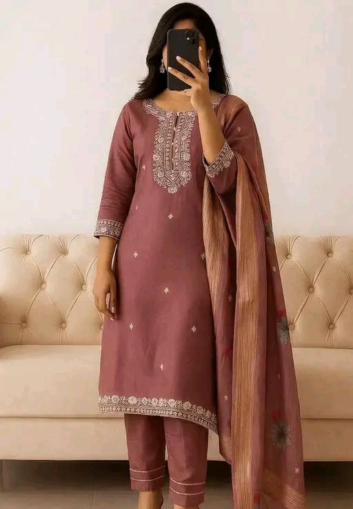 Women's Purple Embroidered Rayon Slub Kurta Set with Pants & Chanderi Cotton Dupatta