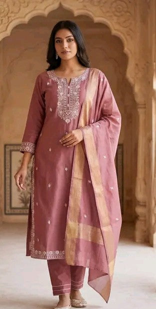 Women's Purple Embroidered Rayon Slub Kurta Set with Pants & Chanderi Cotton Dupatta