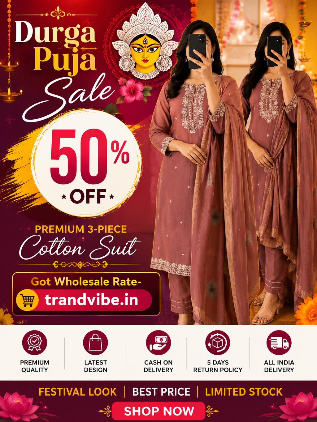 Women's Purple Embroidered Rayon Slub Kurta Set with Pants & Chanderi Cotton Dupatta